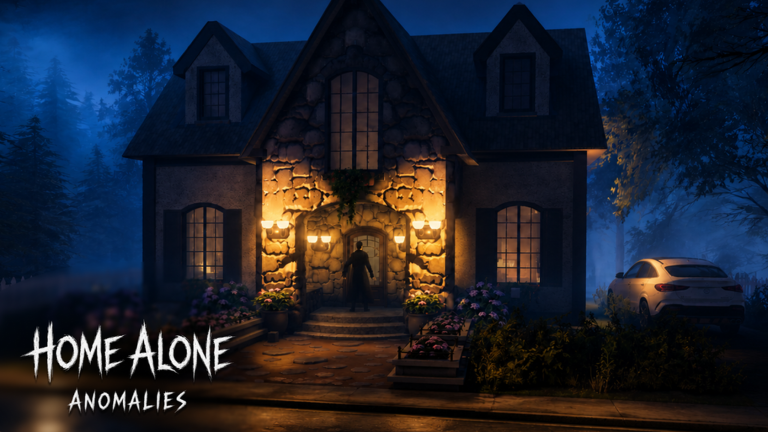 Official Roblox thumbnail showing a lit house at night with a figure at the front door